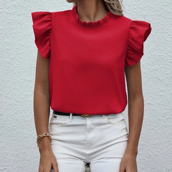 Red butterfly sleeve ruffle blouse - Picture 4 of 6